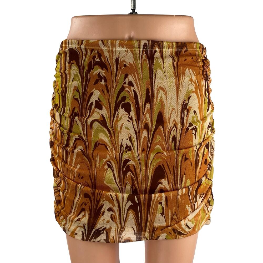 NEW Urban Outfitters Abstract Marble Ruched Retro Mini Pencil Bodycon Skirt Sz M